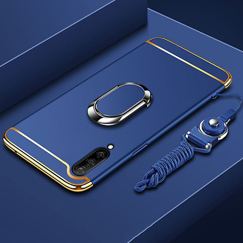 Custodia Lusso Metallo Laterale e Plastica Cover con Anello Supporto T01 per Xiaomi Mi A3 Blu