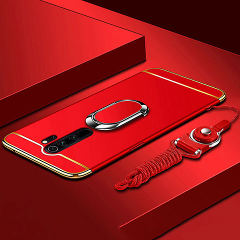 Custodia Lusso Metallo Laterale e Plastica Cover con Anello Supporto T01 per Xiaomi Redmi Note 8 Pro Rosso