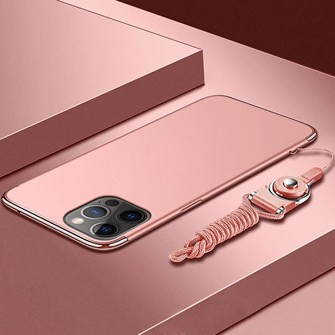 Custodia Lusso Metallo Laterale e Plastica Cover con Cordoncino per Apple iPhone 13 Pro Max Oro Rosa