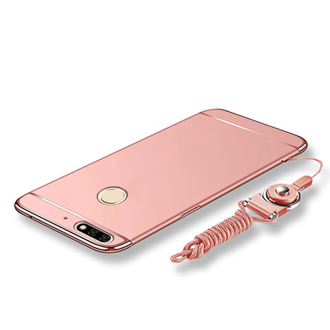 Custodia Lusso Metallo Laterale e Plastica Cover con Cordoncino per Huawei Y7 (2018) Oro Rosa