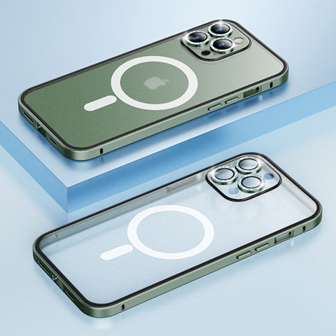 Custodia Lusso Metallo Laterale e Plastica Cover con Mag-Safe Magnetic Bling-Bling LF1 per Apple iPhone 13 Pro Verde