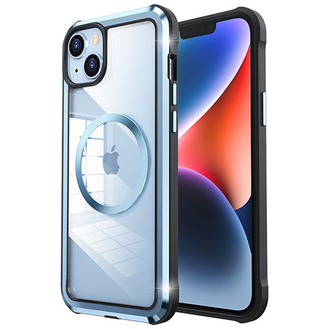 Custodia Lusso Metallo Laterale e Plastica Cover con Mag-Safe Magnetic LF2 per Apple iPhone 14 Blu