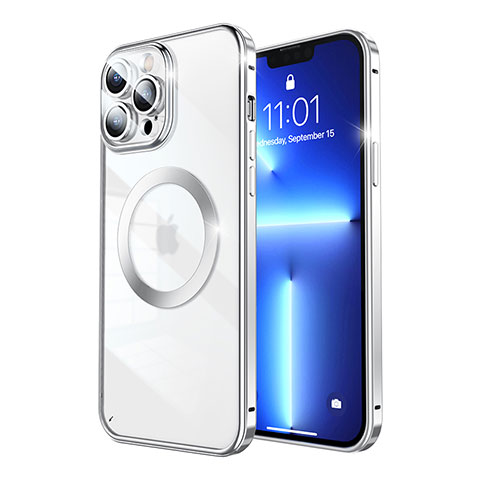 Custodia Lusso Metallo Laterale e Plastica Cover con Mag-Safe Magnetic LF5 per Apple iPhone 13 Pro Argento