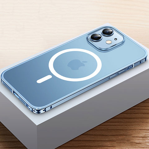 Custodia Lusso Metallo Laterale e Plastica Cover con Mag-Safe Magnetic QC2 per Apple iPhone 12 Mini Blu