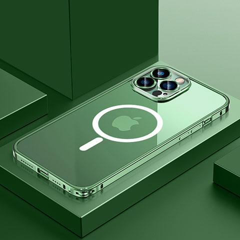 Custodia Lusso Metallo Laterale e Plastica Cover con Mag-Safe Magnetic QC3 per Apple iPhone 13 Pro Max Verde