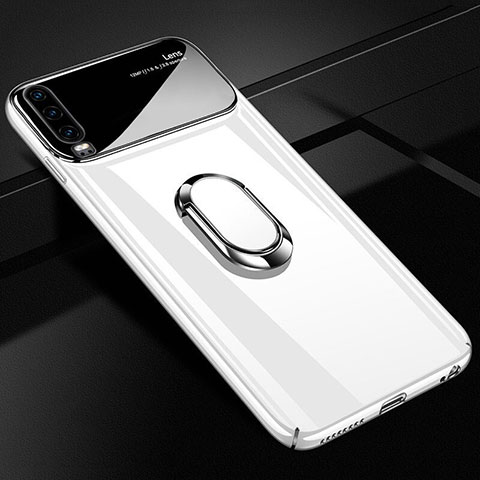 Custodia Plastica Rigida Cover Opaca con Magnetico Anello Supporto A01 per Huawei P30 Bianco