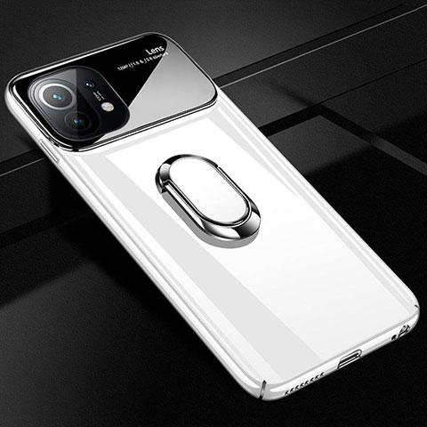 Custodia Plastica Rigida Cover Opaca con Magnetico Anello Supporto P01 per Xiaomi Mi 11 5G Bianco