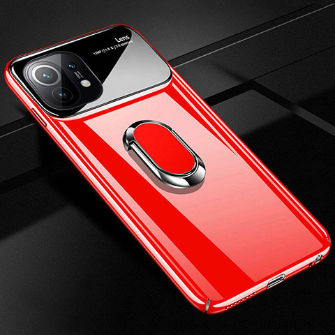 Custodia Plastica Rigida Cover Opaca con Magnetico Anello Supporto P01 per Xiaomi Mi 11 Lite 5G Rosso