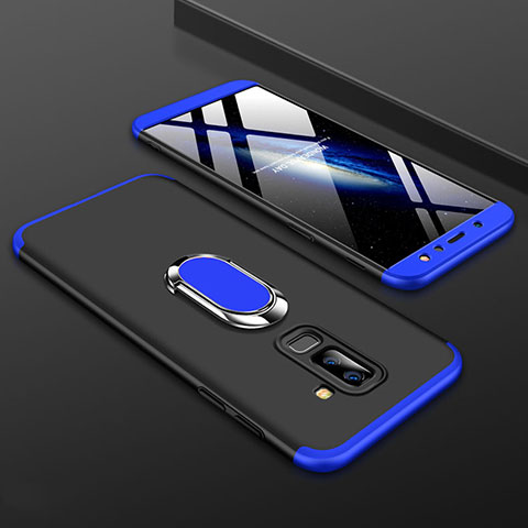 Custodia Plastica Rigida Cover Opaca Fronte e Retro 360 Gradi con Anello Supporto per Samsung Galaxy A6 Plus (2018) Blu e Nero