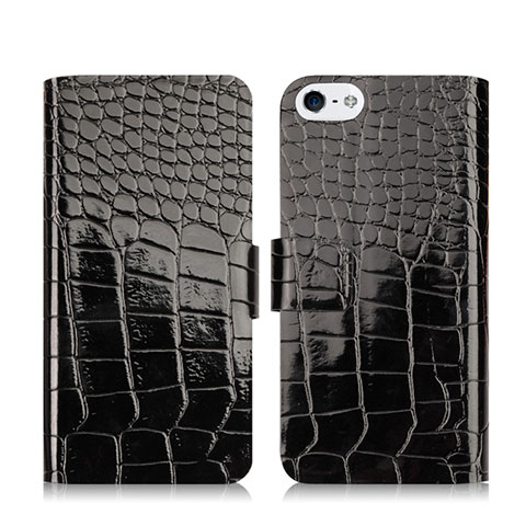 Custodia Portafoglio In Pelle con Stand Coccodrillo per Apple iPhone 5S Nero