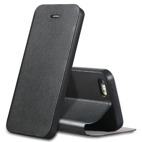 Custodia Portafoglio In Pelle con Supporto L01 per Apple iPhone 5 Nero