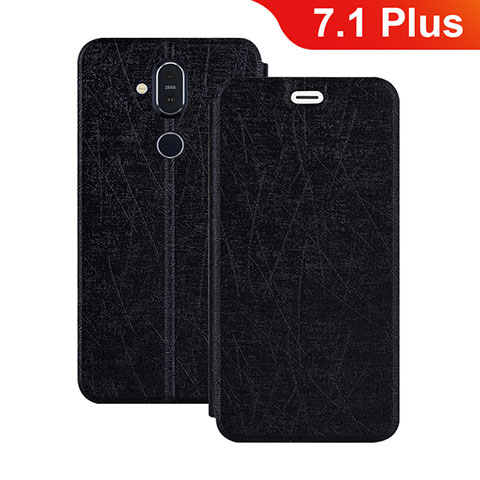 Custodia Portafoglio In Pelle con Supporto L02 per Nokia 7.1 Plus Nero