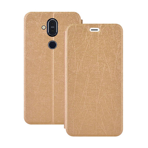 Custodia Portafoglio In Pelle con Supporto L02 per Nokia 7.1 Plus Oro