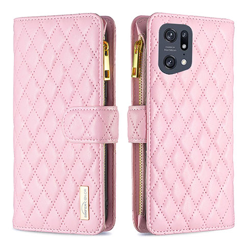 Custodia Portafoglio In Pelle Cover con Supporto B12F per Oppo Find X5 Pro 5G Oro Rosa