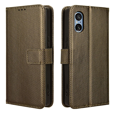 Custodia Portafoglio In Pelle Cover con Supporto BY1 per Sony Xperia 5 V Marrone