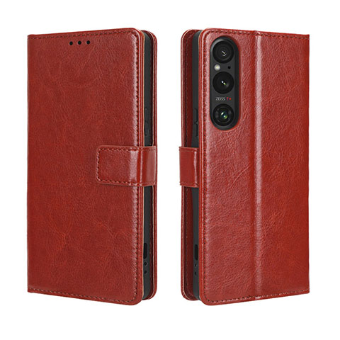 Custodia Portafoglio In Pelle Cover con Supporto BY5 per Sony Xperia 1 V Marrone