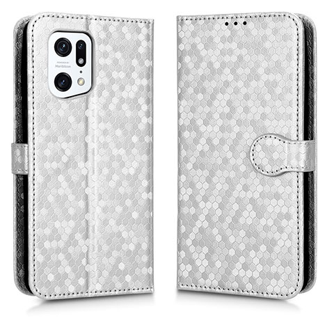 Custodia Portafoglio In Pelle Cover con Supporto C01X per Oppo Find X5 Pro 5G Argento