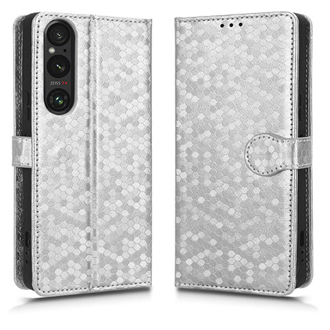 Custodia Portafoglio In Pelle Cover con Supporto C01X per Sony Xperia 1 V Argento