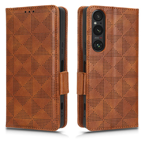 Custodia Portafoglio In Pelle Cover con Supporto C02X per Sony Xperia 1 V Marrone