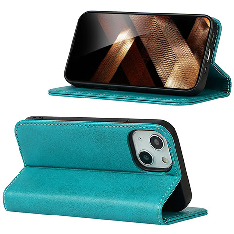 Custodia Portafoglio In Pelle Cover con Supporto D05T per Apple iPhone 13 Ciano