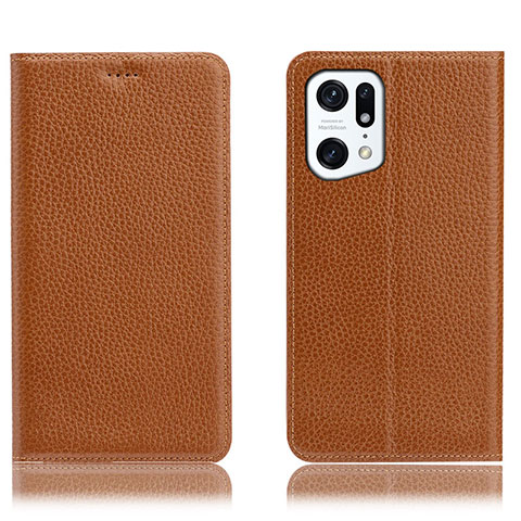 Custodia Portafoglio In Pelle Cover con Supporto H02P per Oppo Find X5 5G Marrone Chiaro