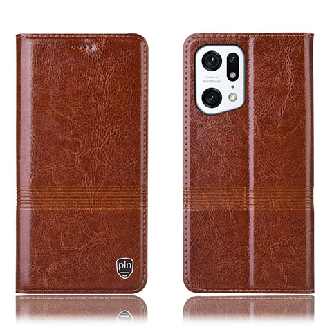 Custodia Portafoglio In Pelle Cover con Supporto H05P per Oppo Find X5 Pro 5G Marrone Chiaro