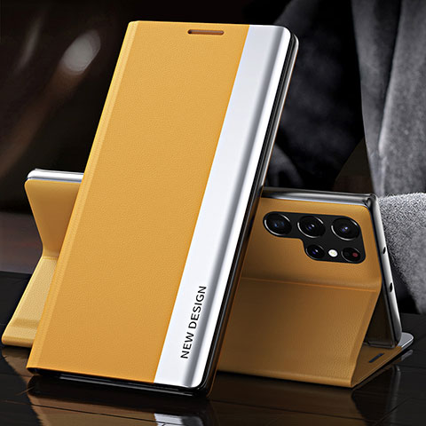 Custodia Portafoglio In Pelle Cover con Supporto L01 per Samsung Galaxy S22 Ultra 5G Giallo