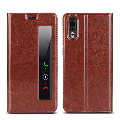 Custodia Portafoglio In Pelle Cover con Supporto L02 per Huawei P20 Marrone