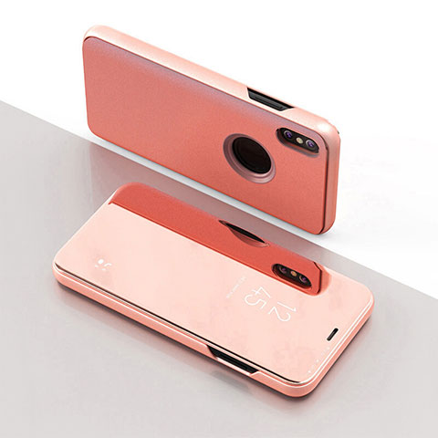 Custodia Portafoglio In Pelle Cover con Supporto Laterale Specchio Cover L02 per Apple iPhone X Oro Rosa