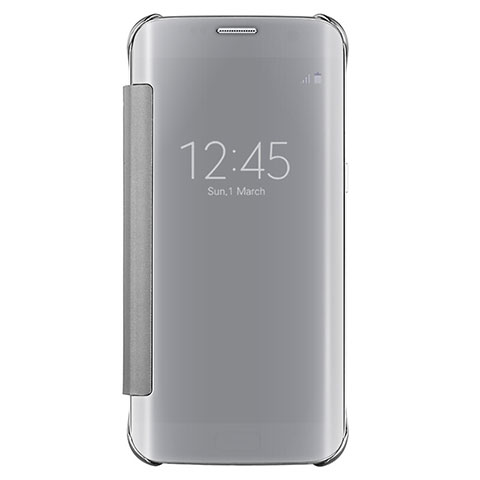 Custodia Portafoglio In Pelle Cover con Supporto Laterale Specchio Cover L02 per Samsung Galaxy S7 Edge G935F Argento