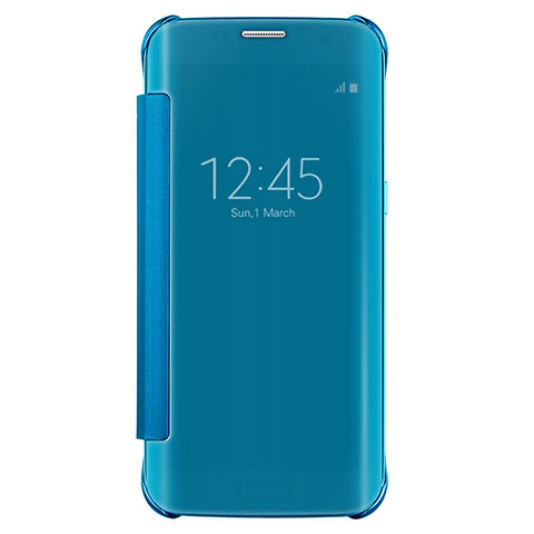 Custodia Portafoglio In Pelle Cover con Supporto Laterale Specchio Cover L02 per Samsung Galaxy S7 Edge G935F Cielo Blu