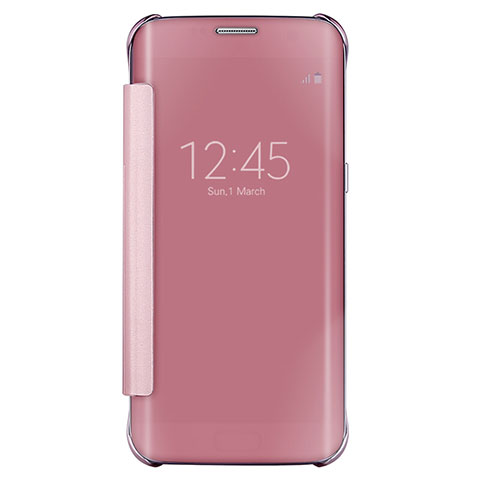 Custodia Portafoglio In Pelle Cover con Supporto Laterale Specchio Cover L02 per Samsung Galaxy S7 Edge G935F Oro Rosa