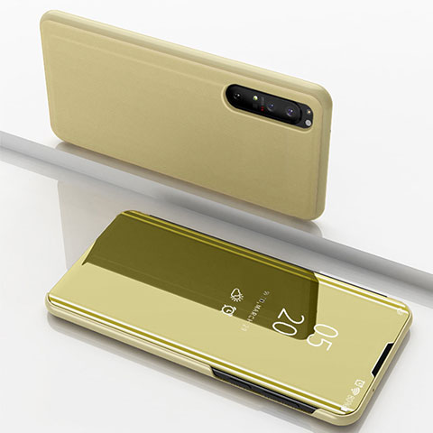 Custodia Portafoglio In Pelle Cover con Supporto Laterale Specchio Cover L03 per Sony Xperia 1 II Oro