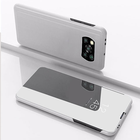 Custodia Portafoglio In Pelle Cover con Supporto Laterale Specchio Cover L03 per Xiaomi Poco X3 NFC Argento