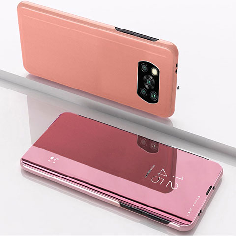 Custodia Portafoglio In Pelle Cover con Supporto Laterale Specchio Cover L03 per Xiaomi Poco X3 NFC Oro Rosa