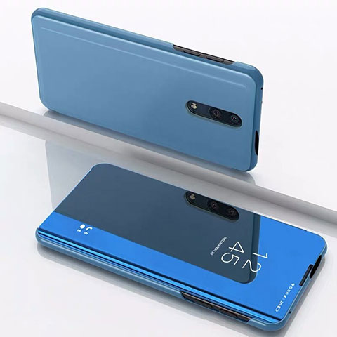 Custodia Portafoglio In Pelle Cover con Supporto Laterale Specchio Cover per OnePlus 7 Blu
