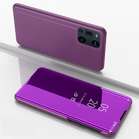 Custodia Portafoglio In Pelle Cover con Supporto Laterale Specchio Cover per Oppo Find X3 Pro 5G Viola