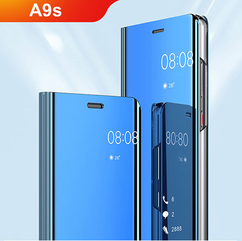 Custodia Portafoglio In Pelle Cover con Supporto Laterale Specchio Cover per Samsung Galaxy A9s Cielo Blu