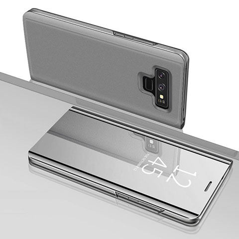 Custodia Portafoglio In Pelle Cover con Supporto Laterale Specchio Cover per Samsung Galaxy Note 9 Argento