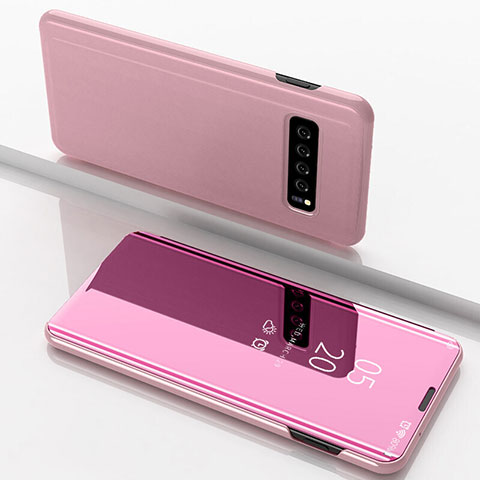 Custodia Portafoglio In Pelle Cover con Supporto Laterale Specchio Cover per Samsung Galaxy S10 Plus Oro Rosa