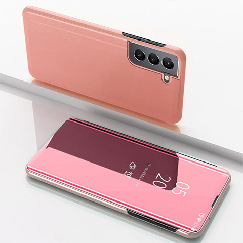 Custodia Portafoglio In Pelle Cover con Supporto Laterale Specchio Cover per Samsung Galaxy S22 5G Oro Rosa