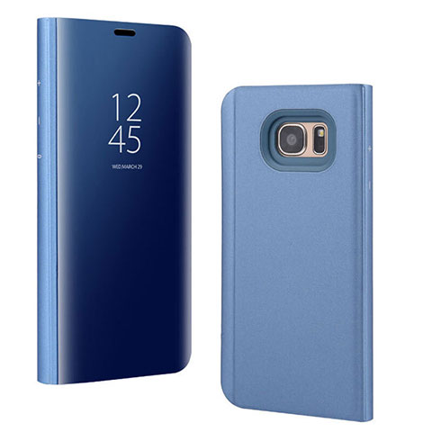Custodia Portafoglio In Pelle Cover con Supporto Laterale Specchio Cover per Samsung Galaxy S7 Edge G935F Blu