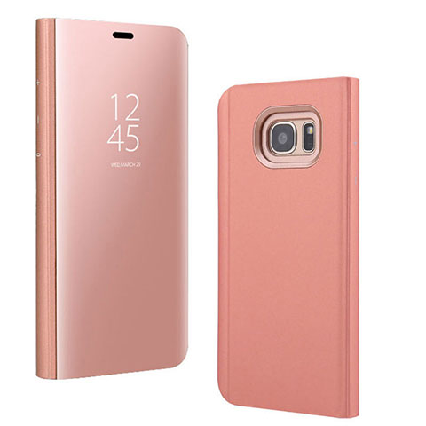 Custodia Portafoglio In Pelle Cover con Supporto Laterale Specchio Cover per Samsung Galaxy S7 Edge G935F Oro Rosa