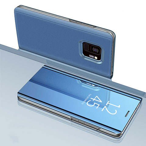 Custodia Portafoglio In Pelle Cover con Supporto Laterale Specchio Cover per Samsung Galaxy S9 Blu