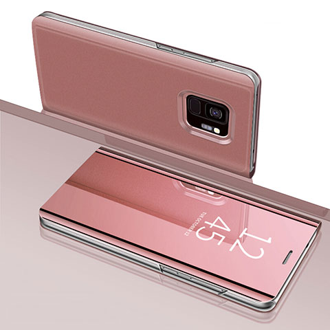 Custodia Portafoglio In Pelle Cover con Supporto Laterale Specchio Cover per Samsung Galaxy S9 Oro Rosa