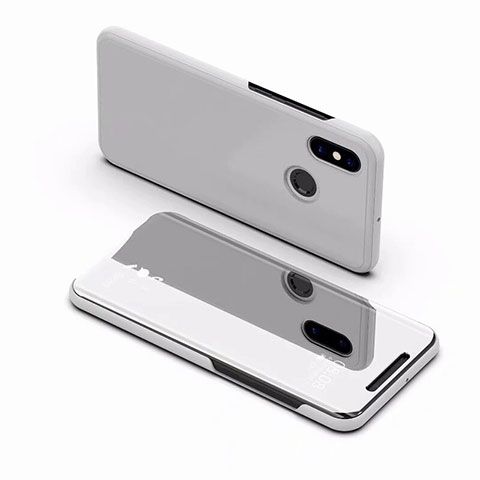 Custodia Portafoglio In Pelle Cover con Supporto Laterale Specchio Cover per Xiaomi Mi 8 Argento
