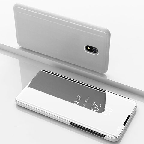 Custodia Portafoglio In Pelle Cover con Supporto Laterale Specchio Cover per Xiaomi Redmi 8A Argento