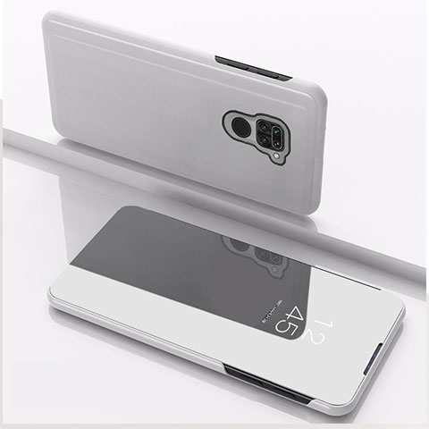 Custodia Portafoglio In Pelle Cover con Supporto Laterale Specchio Cover QH1 per Xiaomi Redmi Note 9 Argento