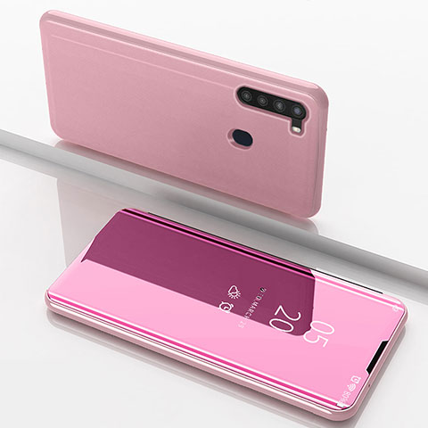 Custodia Portafoglio In Pelle Cover con Supporto Laterale Specchio Cover ZL1 per Samsung Galaxy A21 Oro Rosa