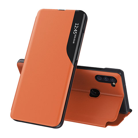 Custodia Portafoglio In Pelle Cover con Supporto QH1 per Samsung Galaxy M11 Arancione